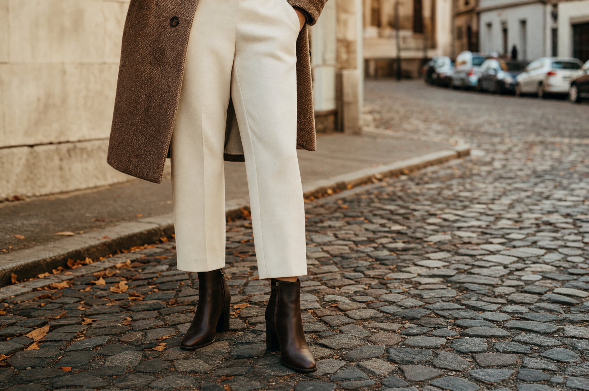 Cropped ankle-length trousers with leather ankle boots on cobblestone