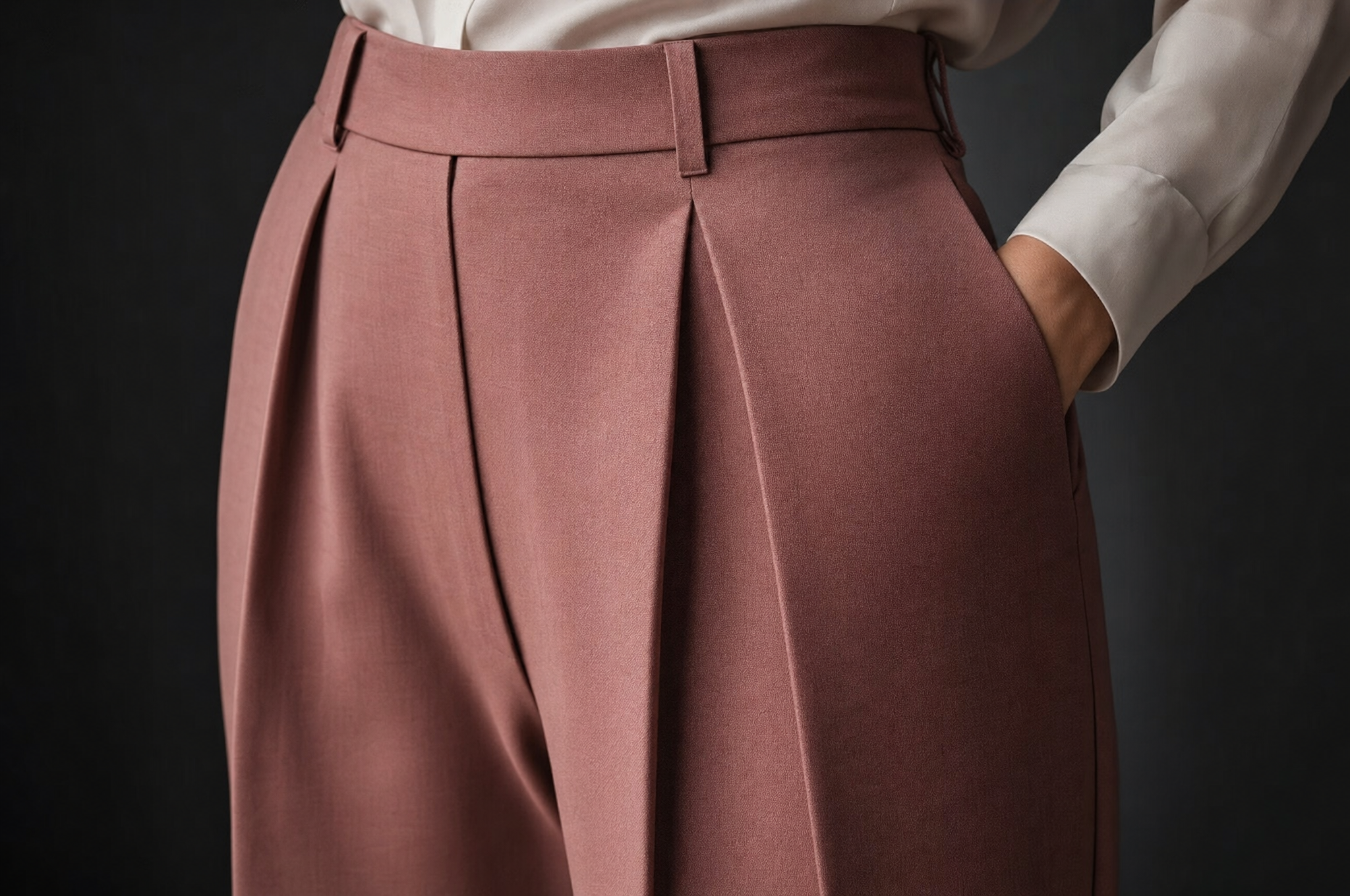 Pleated tailored trousers in dusty rose fabric