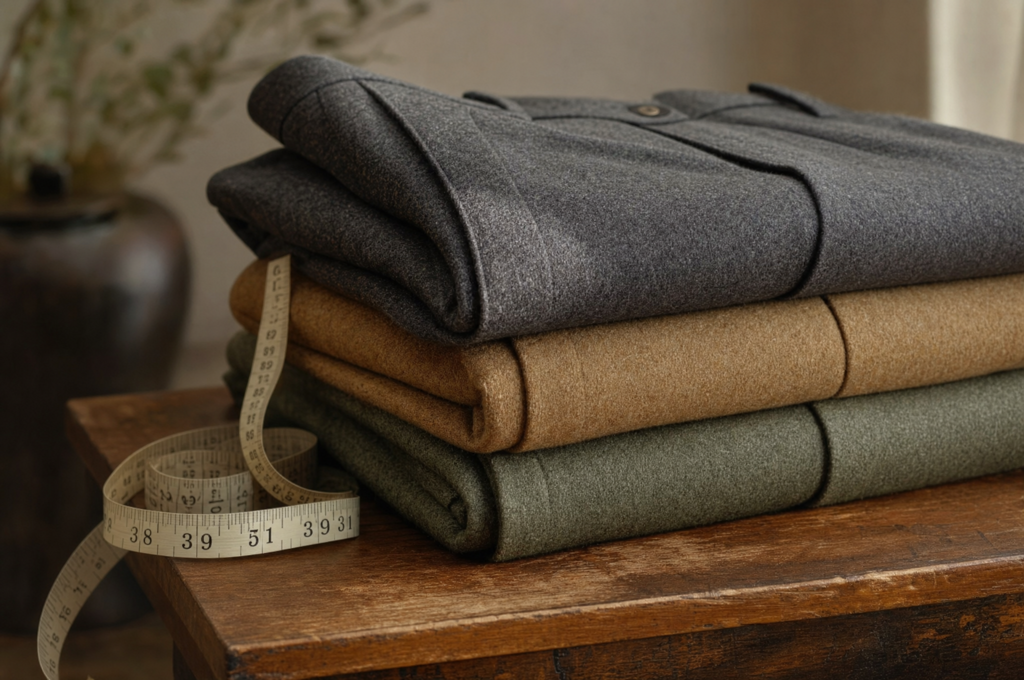 Stack of folded wool trousers in charcoal, camel, and sage